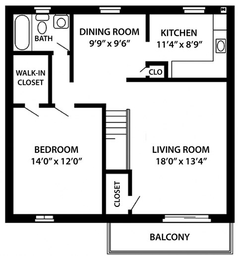 Floor plan for 1 bed, 1 bath, 858 sqft
